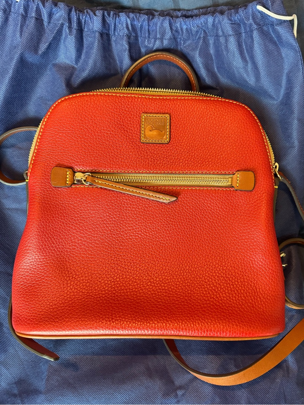 Dooney & Bourke Red Pebble Leather Convertible Backpack with Tan Trim